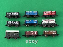 9 assorted Graham Farish Peco N gauge plank, mineral, coal, brake, tank wagons